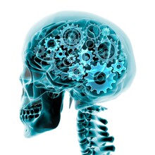 Blue X-ray Of The Brain And Skull With Gears Turning Inside