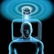 © SuperStock - Blue man with head inside box with brain is outside box in clouds above town below.