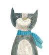 Gray cat in a scarf. Watercolor illustration, hand drawn
