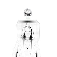 Thinking Outside The Box - Digital Image Of Woman With Head In Box And Brain Outside On White Background