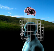 Thinking Outside The Box - Digital Image Of Man With Head In Box And Brain Outside