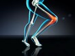 © SuperStock - Blue X-ray of woman's knee pain while running on dark blue background