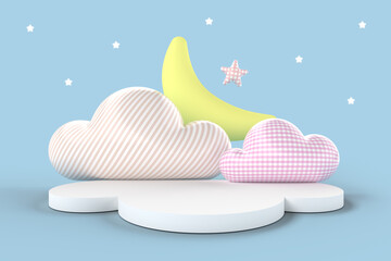 Wall Mural - Cloud shaped product display podium for baby and kid in pastel tone colors. 3D rendering.