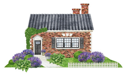 Watercolor red brick house,provence lavender garden,Countryside landscape,Cottage illustration,summer garden plants,Home logo design