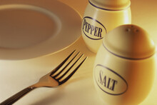 Close-up Of Salt And Pepper Shakers With A Fork And A Plate