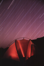 Close-up Of Tent Under A Meteor Shower, Grand Canyon National Park, Arizona, USA