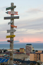 Directional Signs On A Wooden Pole, Punta Arenas, Straight Of Magellan, Magellanes, Chile