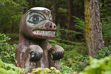 Totem Poles Of A Bear In A Forest, Kasaan Totem Park, Tongass National Forest, Alaska, USA