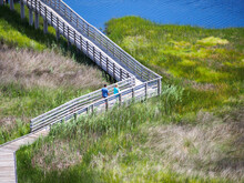 Aerial View Of Two People Walking On A Boardwalk In A Marsh Surrounded By Nature