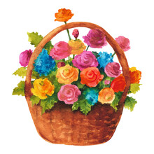 Watercolor Wicker Basket With Flowers. Wooden Basket With Colorful Flowers