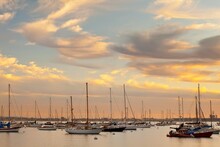 USA, California, San Diego, Embarcadero, Sailboats In Harbor At Sunset