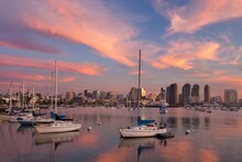 USA, California, San Diego, Sailboats In Harbor At Sunset
