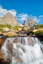 Stream Falling Into A Lake From Rocks, Mt Ritter, Banner Peak, Ansel Adams Wilderness, Inyo National Forest, California, USA