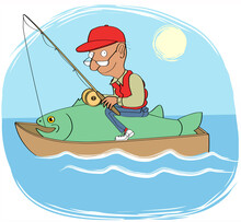 Man With Fishing Rod In Rowing Boat Sitting On Big Fish, Illustration