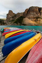 Canoes On A Dock For Rent, Moraine Lake, Banff National Park, Alberta, Canada