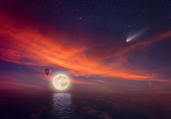 Wall Mural - idyllic heavenly background - colorful hot air balloon flies in sunset sky near full moon. glowing r