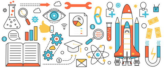 Poster - Business investment, success innovation and startup. Abstract rocket launch, magnet attracting investors money, start of processes of new project in infographic concept banner, thin line art design