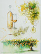 Grapevine and its fruits. A bottle of white wine and glass of wine. The illustration is painted with watercolors.
