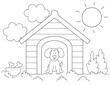 coloring page for kids, cute dog inside a dog house and a sunny day in the background