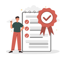 Product quality concept. Man checks product in accordance with requirements. Evaluation of goods of organization or company. Employee next to notebook with rules. Cartoon flat vector illustration