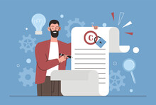Intellectual Property Concept. Man Holding Sheet Of Paper With His Creativity And Mark. Copyright And Legislation. Copywriter Or Writer Shows His New Book, Literature. Cartoon Flat Vector Illustration
