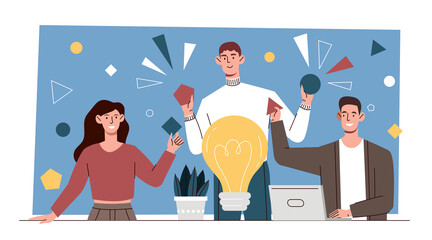 Concept of innovation. Men and girl with light bulb. Insight and creativity, brainstorming. Employees discussing idea, technological development of organization. Cartoon flat vector illustration