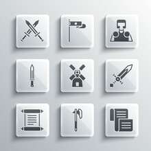 Set Medieval Axe, Decree, Parchment, Scroll, Sword, Windmill, Crossed Medieval And Knight Icon. Vector