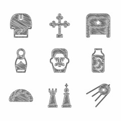 Sticker - Set Joseph Stalin, Chess, Satellite, Pickled cucumbers jar, Dumpling, Russian doll matryoshka, Ushanka and Kosovorotka icon. Vector