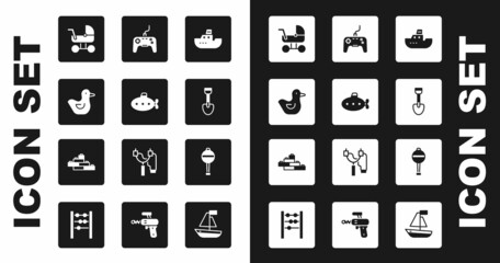 Canvas Print - Set Toy boat, Submarine toy, Rubber duck, Baby stroller, Shovel, Gamepad, Rattle baby and building block bricks icon. Vector