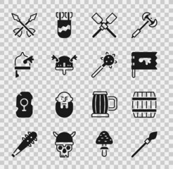 Poster - Set Medieval spear, Wooden barrel, Viking flag, Oars or paddles boat, horned helmet, arrows and Mace with spikes icon. Vector