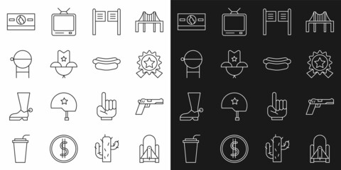 Sticker - Set line Rocket launch from the spaceport, Pistol gun, Medal with star, Saloon door, Western cowboy hat, Barbecue grill, Stacks paper money cash and Hotdog sandwich icon. Vector