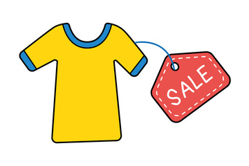 Poster - Yellow t-shirt with red price discount sale label or shopping offer tag isolated cartoon vector