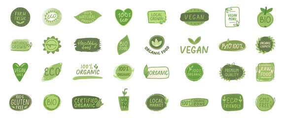 Leinwandbilder - Organic certified label set. Vegan healthy food logo. Farm fresh icon. Nature vegetarian badge. Eco fiendly, bio product. Circle tag. Green leaf emblem. Quality symbol.Gluten free.Vector illustration