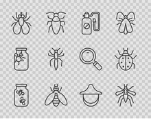 Set Line Fireflies Bugs In A Jar, Mosquito, Pressure Sprayer, Bee, Insect Fly, Spider, Beekeeper Hat And Mite Icon. Vector