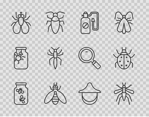 Poster - Set line Fireflies bugs in a jar, Mosquito, Pressure sprayer, Bee, Insect fly, Spider, Beekeeper hat and Mite icon. Vector