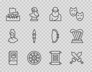 Sticker - Set line Greek history book, Crossed medieval sword, Socrates, Old wooden wheel, trireme, Torch flame, Decree, parchment, scroll and Harp icon. Vector