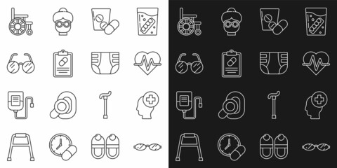 Sticker - Set line Eyeglasses, Male head with hospital, Heart rate, Medicine pill or tablet, Medical prescription, Wheelchair and Adult diaper icon. Vector