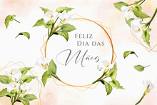 Cartão Ou Banner Para O Dia Das Mães Em Cinza Em Um Círculo Com Flores Brancas De Arum Em Um Fundo Gradiente De Salmão E Branco E As Mesmas Flores Brancas Ao Redor