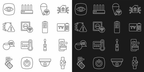 Sticker - Set line Smart home with smart watch, Digital door lock, Multimedia and TV box receiver, light bulb, electrical outlet, House under protection, Security camera and Remote control icon. Vector