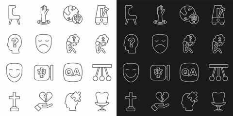 Sticker - Set line Armchair, Pendulum, Man graves funeral sorrow, Psychology, Psi, Drama theatrical mask, Head with question mark, and icon. Vector