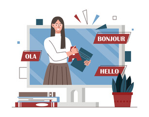 Wall Mural - Language education concept. Young girl in glasses with book stands next to letters. Teacher tells greetings in different languages of world. Modern technologies. Cartoon flat vector illustration