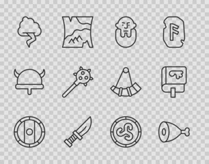 Poster - Set line Shield viking, Chicken leg, Viking head, Dagger, Cloud and lightning, Mace with spikes, and book icon. Vector