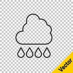 Wall Mural - Black line Cloud with rain icon isolated on transparent background. Rain cloud precipitation with rain drops. Vector