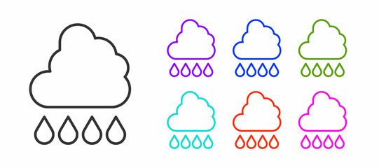 Sticker - Black line Cloud with rain icon isolated on white background. Rain cloud precipitation with rain drops. Set icons colorful. Vector