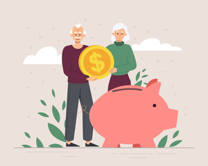 Pension fund savings. Elderly couple puts coins in piggy bank. Family budget and financial literacy, grandparents with dollar in hands. Senior characters retirement. Cartoon flat vector illustration