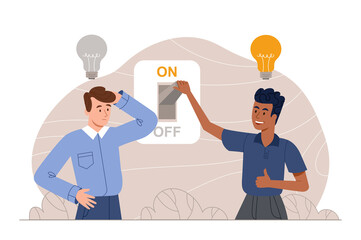 Light lamp control. Happy man switches electricity switch. Metaphor of secondary work and insight, characters overcome mental impasse, brainstorming metaphor. Cartoon flat vector illustration