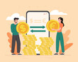© Rudzhan - Currency exchange concept. Man and girl exchange dollars for euros, international trade and consequences of globalization. Modern technologies and non cash transfers. Cartoon flat vector illustration