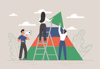 Building pyramid concept. Men and girls build triangle from objects. Metaphor of partnership and teamwork of creative characters. Coworking and freelance, co creation. Cartoon flat vector illustration