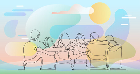 Wall Mural - group of men and women standing together showing their friendship - one line drawing