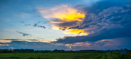 Wall Mural - colorful sunset and sunrise with clouds. blue and orange color of nature. many white clouds in the b